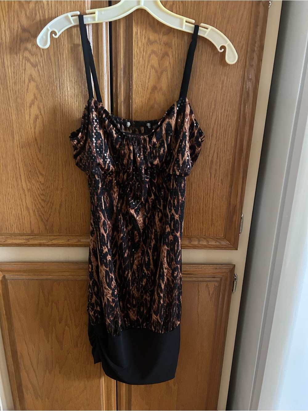 $15 Printed Spaghetti Strap Dress in Brown and Black Animal Print with Sequins.
